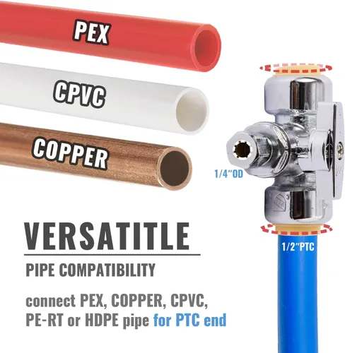 Vista 3 de SUNGATOR Válvula de tope en T de servicio, 1/2" Ptc x 1/2" Ptc x 1/4" compresión, válvula de agua de ajuste a presión de 1/4 de vuelta con clip