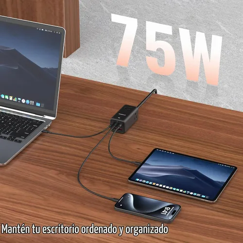 Vista 9 de NENJI Estación de carga USB C GaN de 75 W, regleta de alimentación 8 en 1 de carga súper rápida con 5 puertos USB y 3 puertos de CA, carga Negro
