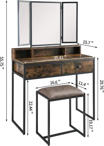 Vista 4 de Juego de mesa de tocador con taburete tapizado, escritorio con 2 cajones, maquillaje