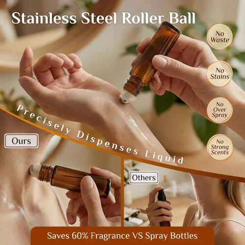 Vista 4 de PrettyCare 4 Pack 10ml Amber Glass Essential Oil Roller Bottles - Roller Ball Applicator, Leakproof Roll on Bottles, Travel Size Containers, Empty