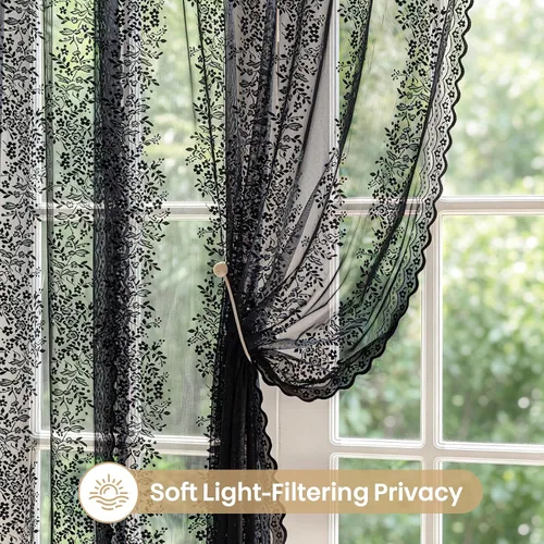 Vista 3 de Cortinas de encaje transparente negro floral de 84 pulgadas de largo, 2