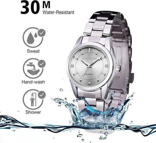 Vista 5 de Reloj analógico de cuarzo para mujer, con correa de acero inoxidable, resistente al agua, con números romanos y diamantes de imitación