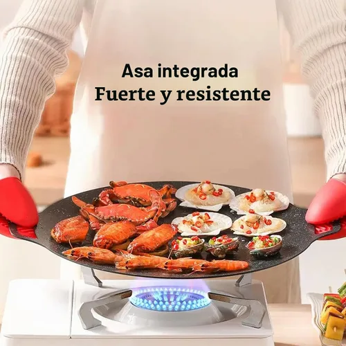 Vista 2 de Sartén coreana, sartén redonda antiadherente de 11.8 pulgadas para barbacoa coreana, parrilla redonda con asa, placa de estufa multifuncional