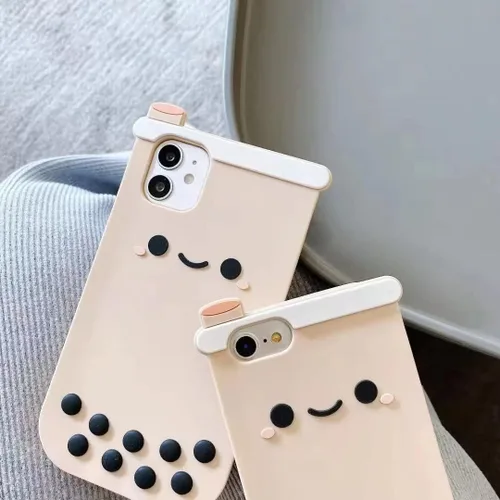 Vista 5 de Yatchen Fundas Kawaii para iPhone 7 Plus/8 Plus, lindo diseño de dibujos animados 3D Boba Milk Tea Funda de silicona suave divertida con perlas