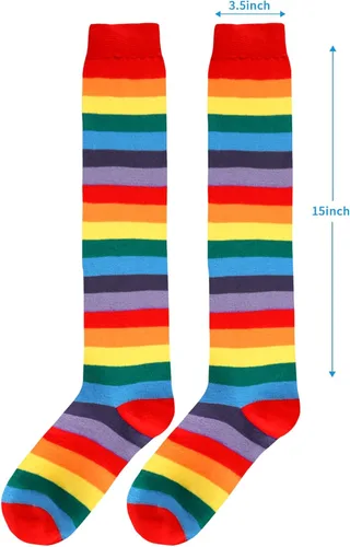 Vista 8 de Suluia Calcetines altos de color arcoíris para mujer, a rayas hasta la rodilla, medias altas hasta el muslo, tubo largo, copa del mundo, calcetines
