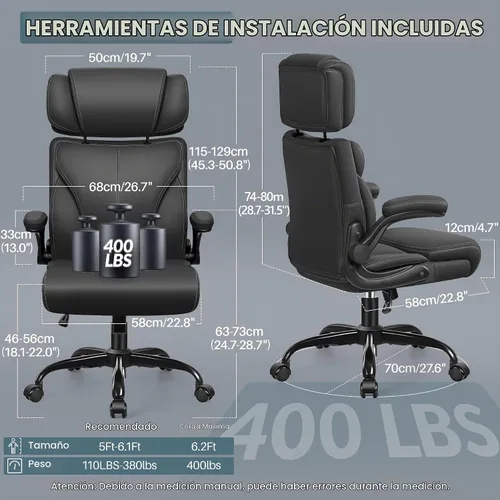 Vista 2 de Silla de oficina, silla ergonómica grande y alta para escritorio de computadora con reposacabezas ajustable retráctil, silla ejecutiva de cuero