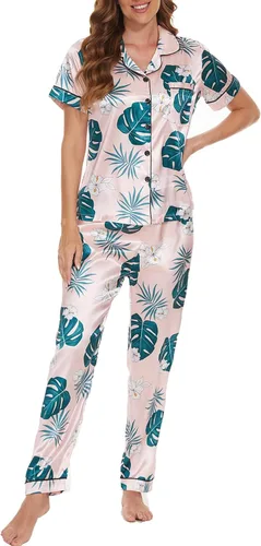 Vista 2 de VENTELAN Womens Silk Satin Pajama Sets Short Sleeve Button Down Top and Long Pants 2 Piece Pjs Set Soft Sleepwear