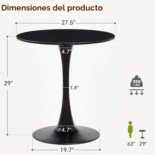 Vista 2 de 27.5" Tulip Round Dining Table with Metal Pedestal Black Mid-Century Modern Circle Table for 2-4 People for Small Kitchen Living Room, Cafe, Bistro