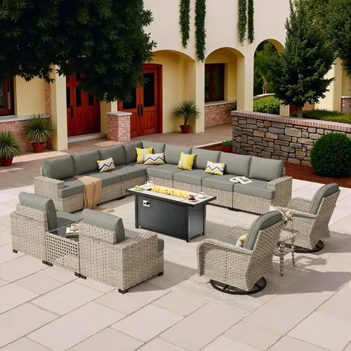 Vista 8 de HOOOWOOO Juego de muebles seccionales de patio con mesa de luz solar, 6 piezas de mimbre para exteriores, sofá en forma de L, juego de conversación