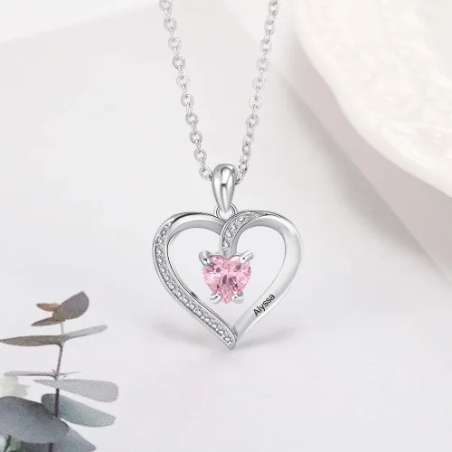 Vista 6 de Collares con colgante de corazón de amor para mujer, hechos con piedra natal de imitación, joyería de compromiso personalizada para ella