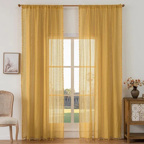 Vista 30 de WAZZIO Cortinas de Encaje, Cortina Boho de Crochet para Dormitorio, Cortinas de Café de Algodón, 45 Pulgadas de Largo, 2 Paneles con Bolsillo
