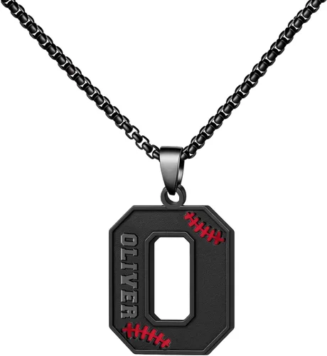 Vista 76 de Ldurian Collar personalizado con nombre de béisbol, cadena negra de acero inoxidable, collar con nombre deportivo, letra A-Z de 24 pulgadas, regalos