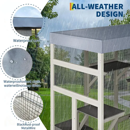 Vista 3 de Gran recinto Catio para exteriores, espaciosa casa de madera para gatos con cinco plataformas de actividades y dos áreas de descanso, refugio