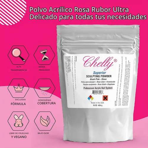 Vista 2 de Chelly Superior - Polvo para esculpir profesional acrílico para uñas, sistema de uñas transparente rosa rubor rosa medio, 16 onzas, 16.01 oz