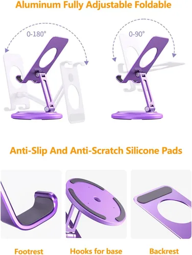 Vista 6 de Aluminum Dual Folding Cell Phone Stand, 360° Rotation Fully Adjustable Foldable Tablet Stand, Compatible with iPhone 13, 14 Pro Max, SE, XR, Samsung