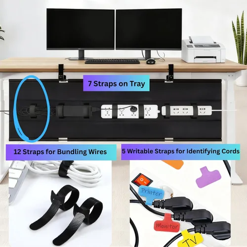 Vista 4 de Bandeja de organización de cables para debajo del escritorio, organizador de cables grande sin taladrar de 36 pulgadas con tela Oxford fácil