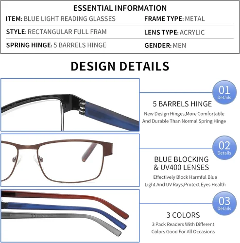 Vista 5 de CRGATV 3-Pack Reading Glasses for Men Blue Light Blocking Metal Full Frame Computer Readers Anti UV/Eye Strain/Glare