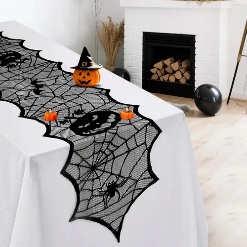 Vista 6 de B-COOL Camino de mesa de telaraña de Halloween, tela de araña negra, 2 paquetes de 18 x 72 pulgadas, mantel espeluznante de poliéster para fiestas