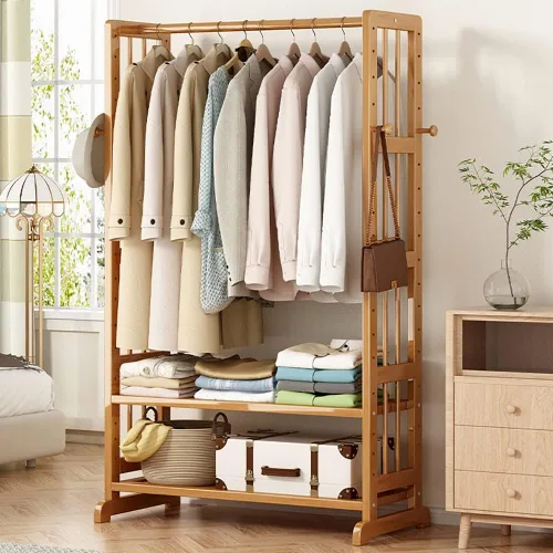 Vista 8 de Estante de ropa resistente, estantes de almacenamiento de 2 niveles, estantes de ropa de bambú con barra para colgar, añade espacio en el armario