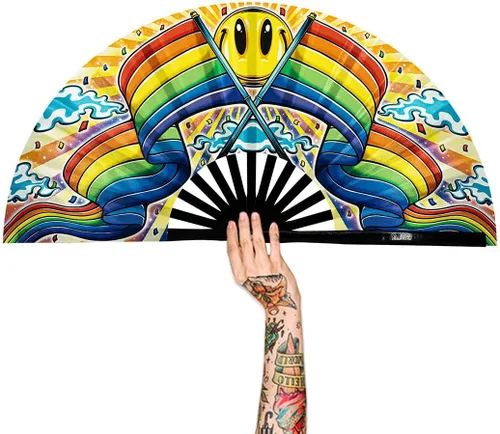 Vista 19 de Abanico para rave con brillo ultravioleta, abanico de mano plegable de bambú para hombres y mujeres (psicodélico espacial, mediano de 11 pulgadas)
