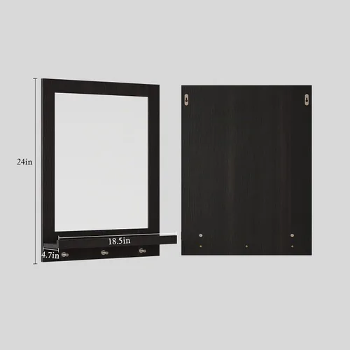 Vista 2 de ARTPOWER Espejo de pared de madera de 24 x 18.5 pulgadas con estante, espejo rectangular de pasillo con ganchos, espejos de pared colgantes