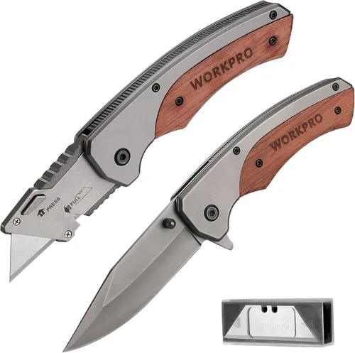 Vista 10 de WORKPRO Cuchillo utilitario plegable, cuchillo de afeitar con mango de madera Quick-Change Box Cutter with Stainless Steel Head, Liner Lock and