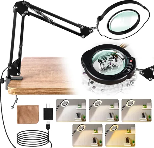 Vista 10 de Lupa grande de 10 veces con luz y soporte, lámpara de escritorio LED con abrazadera, 5 modos de color, 10 niveles regulables, manos libres para Negro