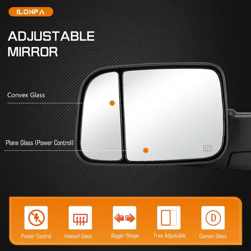 Vista 2 de Espejos de remolque compatibles con Dodge Ram 1500 2009 2010 se adapta a Ram 1500 2500 3500 para 2011 2012 2013 2014 2015 2016 2017 con espejos
