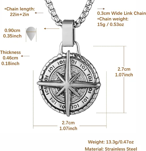 Vista 5 de HZMAN Collar de brújula náutica vikinga para hombres y niños, acero inoxidable, vintage, marinero, vegvisir, brújula, amuleto, joyería de regalo