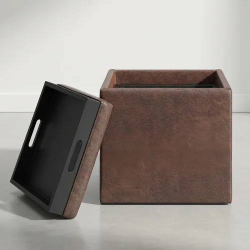 Vista 4 de SIMPLIHOME Rockwood - Otomana de almacenamiento en cubo con bandeja, otomana tapizada de cuero vegano de 17 pulgadas de ancho en marrón envejecido