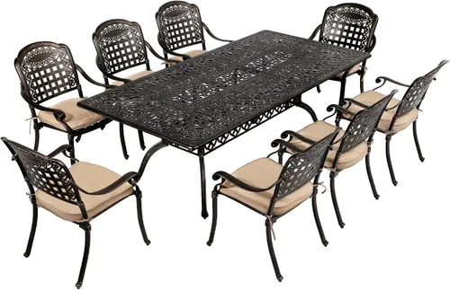 Vista 11 de TITIMO Juego de comedor de 7 piezas de aluminio fundido para patio, muebles de comedor al aire libre, juego de conversación de patio, mesa