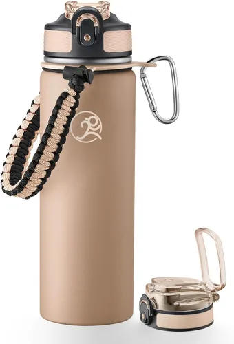 Vista 25 de GOSWAG - Botella de agua de viaje de acero inoxidable aislada de 24 onzas, 2 tapas with straw and no straw, Paracord handle, Double-wall vacuum