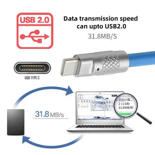 Vista 6 de xiwai Tipo A 120 W de alimentación USB-A a USB-C de silicona líquida ultra suave USB2.0 Cable azul de datos carga rápida para portátil Tablet