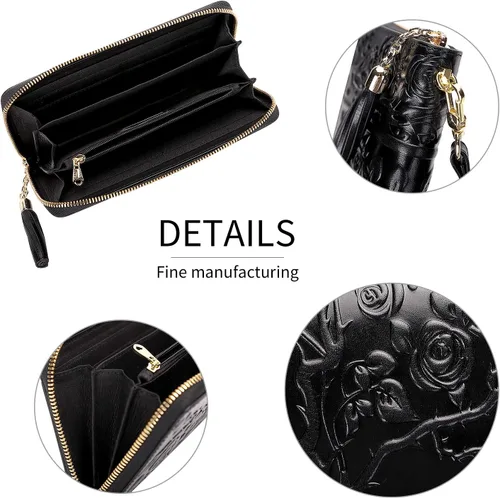 Vista 5 de PIJUSHI Carteras de cuero genuino para mujer, diseño floral, cartera de mano con borla