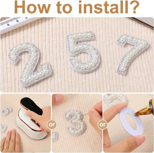 Vista 3 de EXCEART 10 parches de números para planchar del 0 al 9, apliques digitales de diamantes de imitación de perlas para decoración de ropa de bricolaje