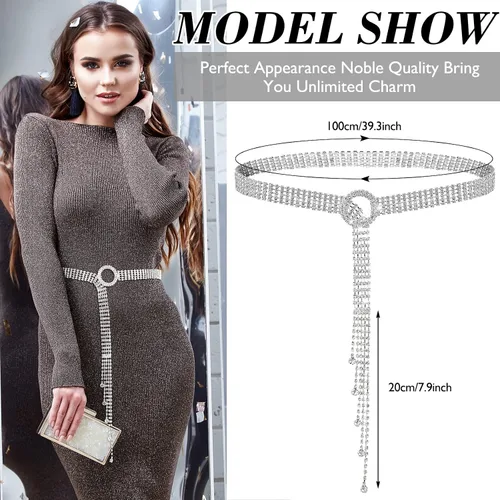 Vista 2 de 2 Pieces Rhinestone Belt for Women Shiny Crystal O-Ring Waist Belts for Dress Diamond Chain Belt for Ladies Dress Gift
