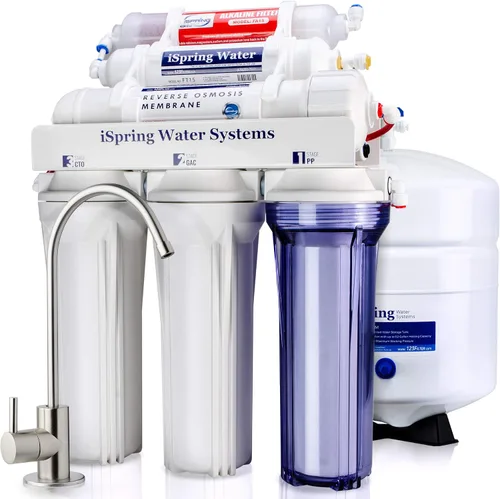 Vista 2 de iSpring RCC7AK Sistema de filtro de agua potable de ósmosis inversa para debajo del fregadero, color blanco y F28K75 Juego de suministro de repuesto