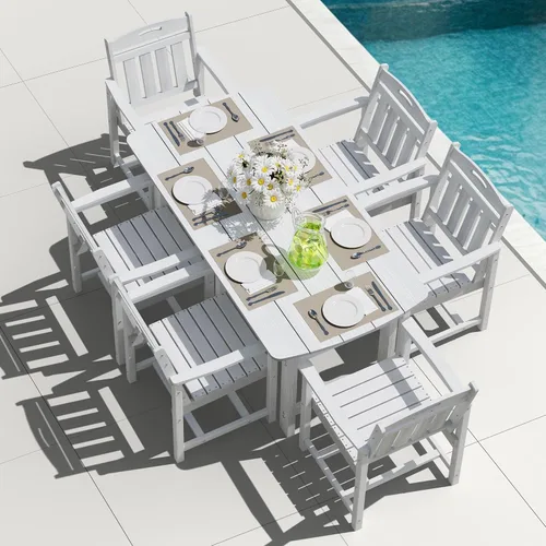 Vista 22 de Mesa de comedor rectangular para exteriores, mesa de polietileno de alta densidad resistente para 6, mesa de patio resistente a la intemperie
