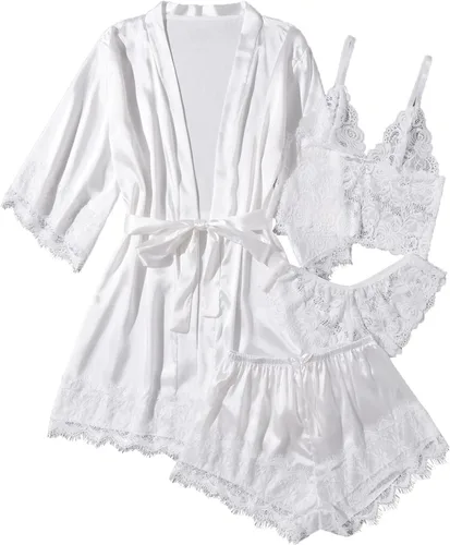 Vista 6 de WDIRARA - Conjunto de pijama de satén de seda para mujer, lencería de encaje floral, ropa de dormir con bata, 4 piezas