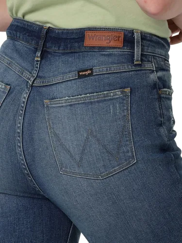 Vista 5 de Wrangler Jeans de bota de tiro alto para mujer, Cabaña Cobalto Plaid
