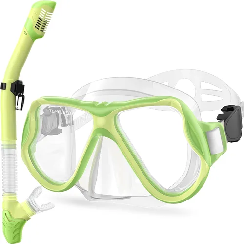 Vista 9 de Greatever Snorkeling Gear for Kids, Dry Snorkel Set Panoramic View Snorkel Mask, Anti-Fog Scuba Diving Mask for Kids Youth Age 6-14, Unisex Swimming