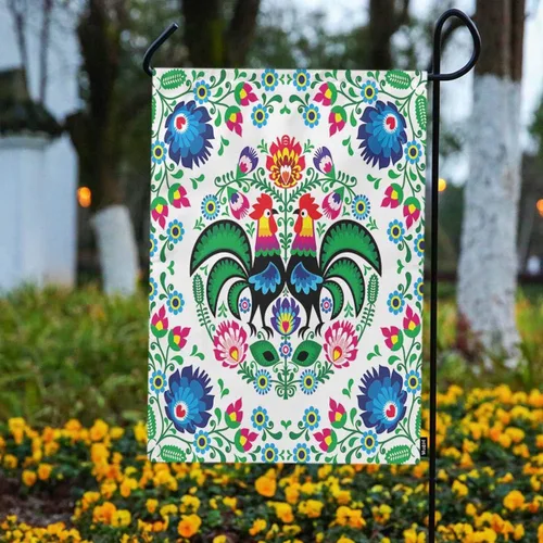 Vista 3 de Mugod Bandera de jardín de flores de Polonia, diseño cuadrado de arte popular floral con gallo decorativo primavera verano bandera de casa al aire