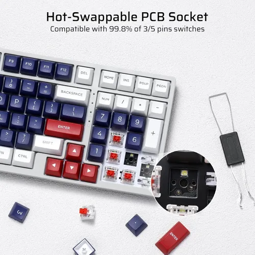 Vista 3 de LTC NB981 Nimbleback - Teclado mecánico con cable de 98 teclas, 96% teclado para juegos con retroiluminación blanca, interruptor rojo, azul Mecha