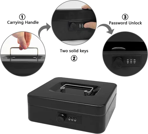 Vista 6 de Caja de efectivo de acero seguro con cerradura de combinación y bandeja extraíble, organizador de dinero de metal para uso doméstico y oficina