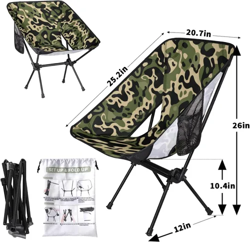 Vista 3 de Silla de camping portátil, sillas plegables para exteriores, silla ligera de camuflaje verde, sillas de playa plegables al aire libre para adultos