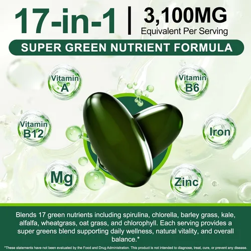 Vista 4 de Tiuedu Espirulina Chlorella Softgels 300 cápsulas, 17 en 1 mezcla de nutrientes verdes, cápsulas blandas de espirulina Chlorella, ricas en proteínas