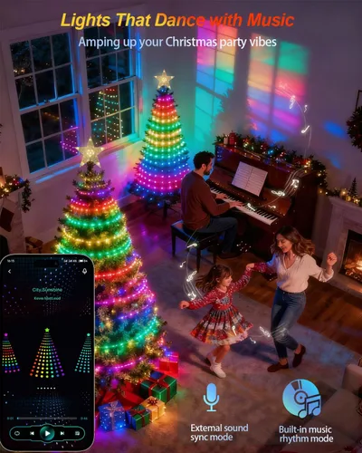 Vista 5 de Serie de luces inteligentes para árbol de Navidad, espectáculo de luces LED de cambio de color DIY, 7.9 pies, 200+ escenas, cascada de luces