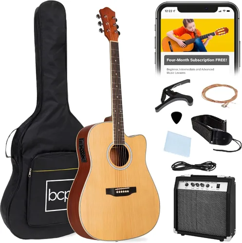 Vista 11 de Best Choice Products Juego de iniciación de guitarra acústica y eléctrica para principiantes con 41 pulgadas, diseño de corte total en madera, bolsa