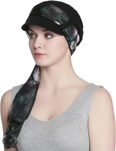 Vista 6 de Alnorm Juego de gorro y pañuelo de algodón transpirable para quimioterapia para mujeres Negro Rosado