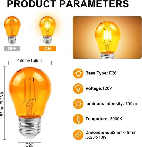 Vista 2 de KINUR Bombillas de luz ámbar, A15 2 W, 2000 K, bombillas cálidas equivalentes a 15 W, base E26 para dormir saludable paquete de 4